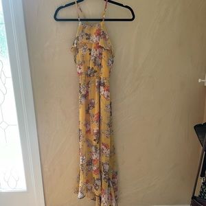 Yellow, red, and white floral maxi summer dress with high-low design